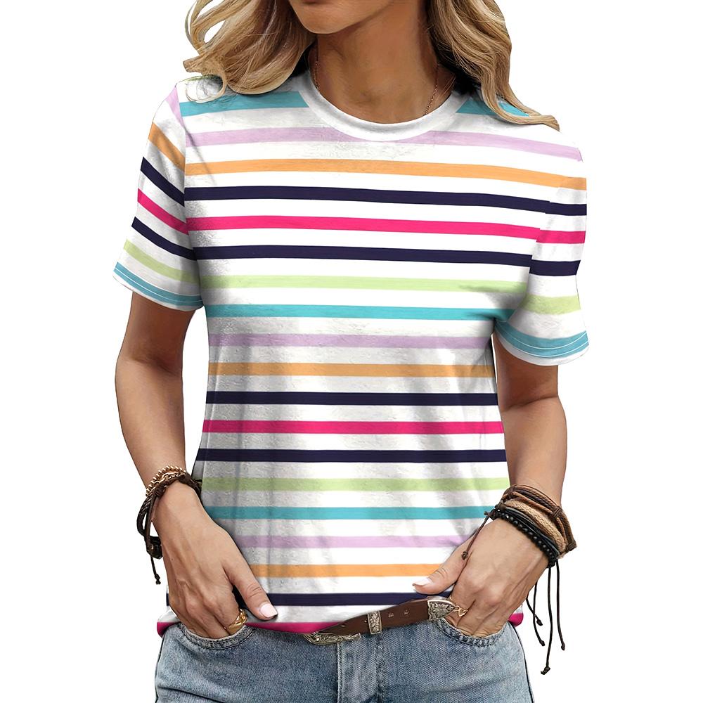 Women's Colorful Stripe 3D Print T-Shirts Woman Casual O-Neck Short Sleeves T Shirt Street Tees Top Female Clothing