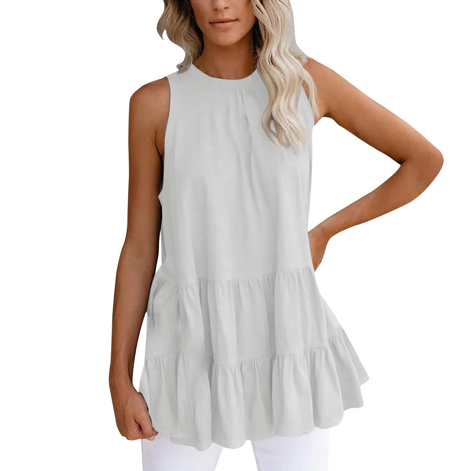 Women s Color Pullover Round Neck Pleated T-Shirt Sleeveless Vest Loose Top M белый