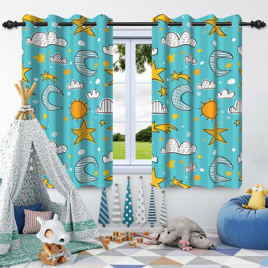 2pcs Moon Stars Window Curtains Children Bedroom Home Living Room Decoration Blackout Curtain Heat Insulation Noise Reduction