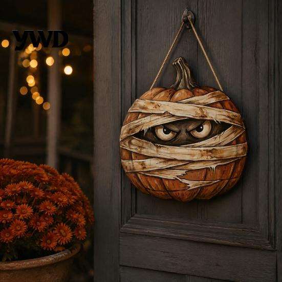Autumn Theme Room Furnishings Halloween Mummy Pumpkin Hanging Sign, Retro Wooden Pendant with Decorative Party Sign Hemp Rope for Front Door