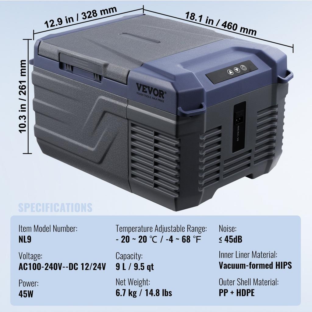 VEVOR Refrigerador de Coche, Nevera Refrigeradora de Coche de 12 Voltios, Congelador Portátil de Zona Única de 9 L, Rango Ajustable de -4 °F a 68 °F