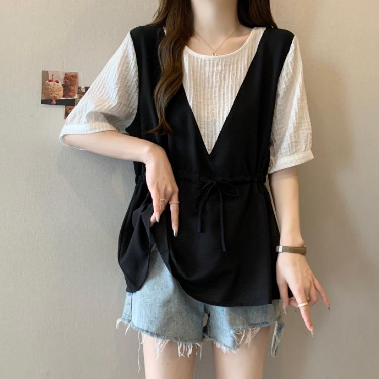 

Летняя рубашка из двух предметов с короткими рукавами из искусственной кожи — размер плюс, утягивающая, с завязками на талии, повседневный топ, уменьшающий возраст 2XL белый