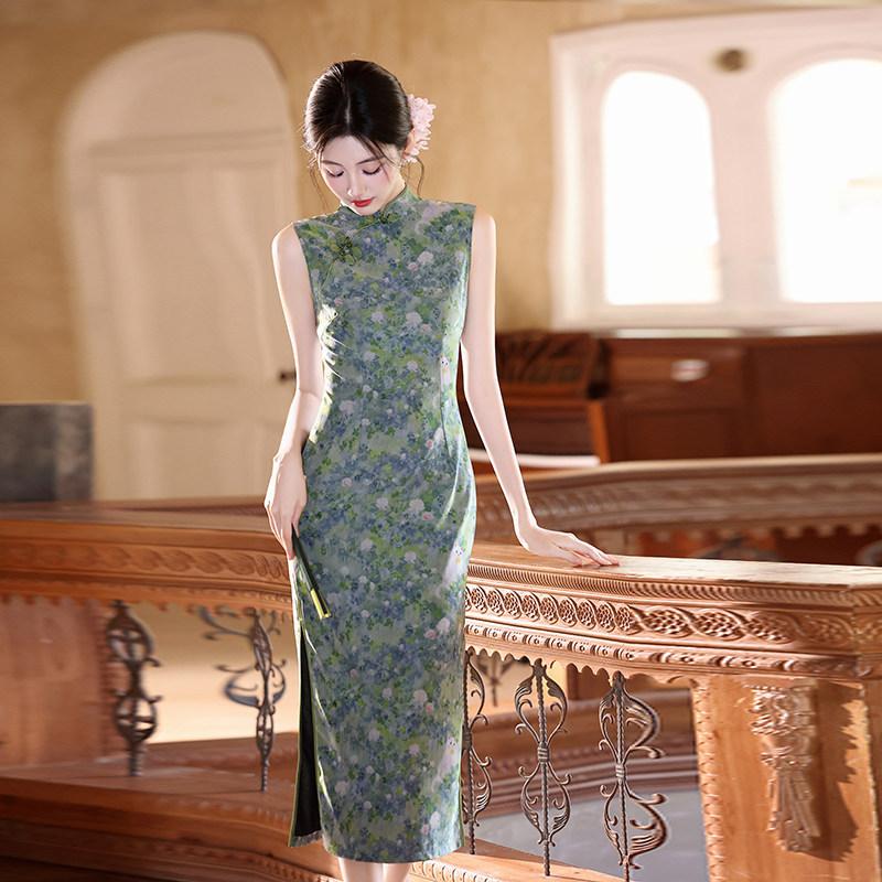 Green sleeveless national style new Chinese daily Suzhou long cheongsam improved young 1011 new women's high sense