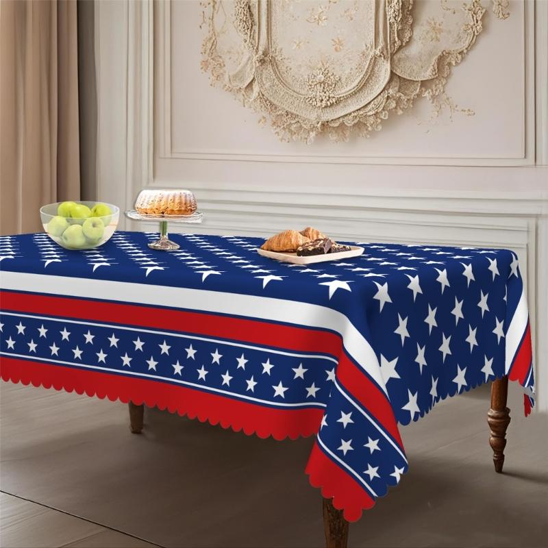 Stars And Stripe Holiday Table Cover Waterproofs Polyester Dining Tablecloth For Holiday Parties Picnics