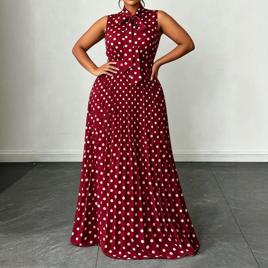 Elegantes ärmelloses Polka-Dot-Kleid mit Bindeband für Sommerreisen und Freizeit