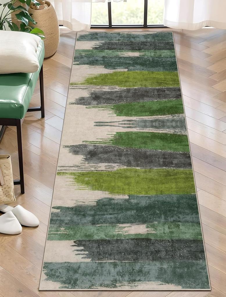 Covor Runner cu Dungi Colorate Textură Artistică Covor cu Pensulație Modern Abstract Covoraș Antiderapant pentru Hol Living Dormitor