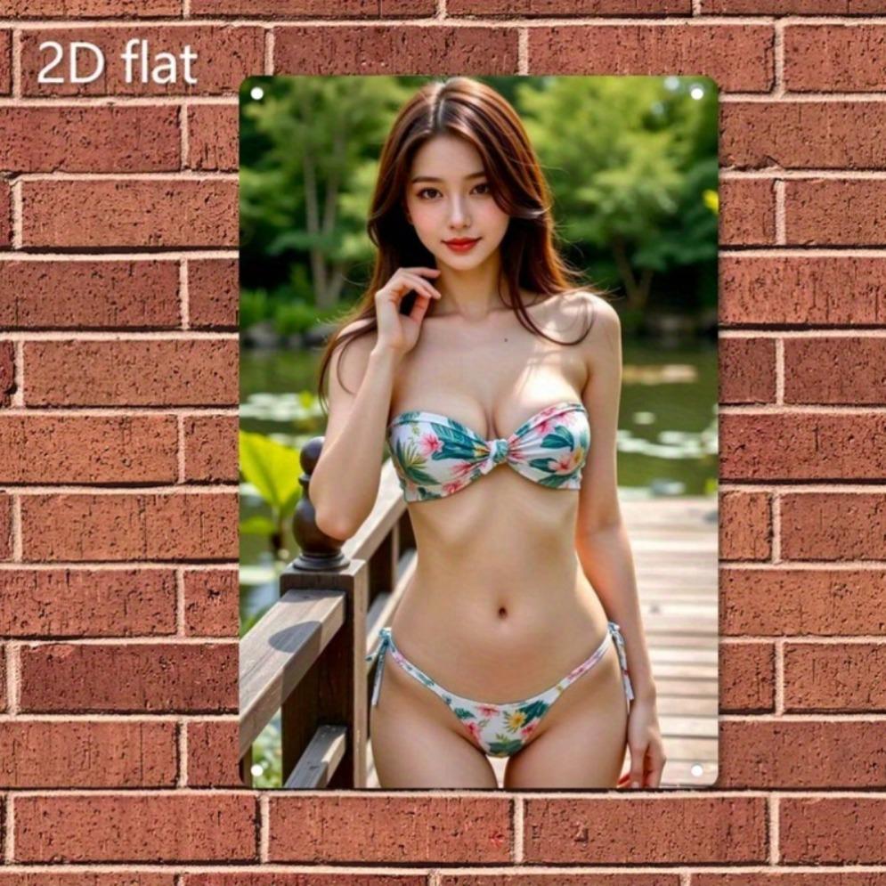 Vintage Kwiatowy Bikini Metalowa Sztuka Ścienna - Różowy i Żelazny Okrągły Znak Aluminiowy, Łatwy do Zawieszenia Dom Kawiarnia Bar Biuro Gospodarstwo Jesienne Dekoracje