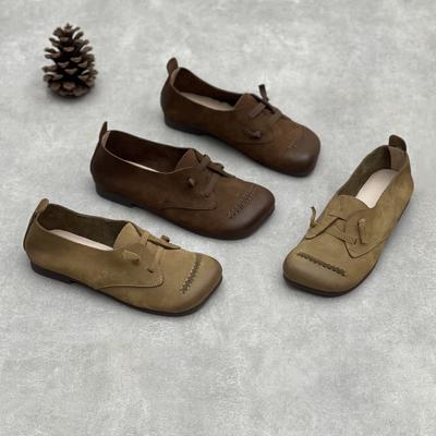 Women's Female Mother Woman Square Toe Soft Shoes Lace Up Cow Genuine Leather Moccasins Tenis Feminino
