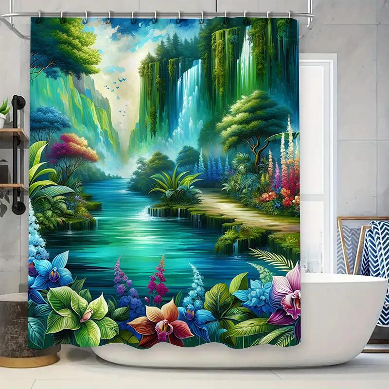 Fantasy Forest Shower Curtain Waterproof Bath Decoration Green Leaves Flowers Print 180x240cm (B36)