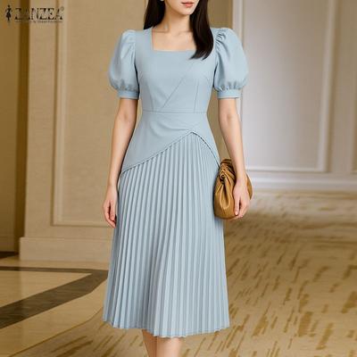 Women Casual Square Collar Summer Short Sleeve Pleated Dress