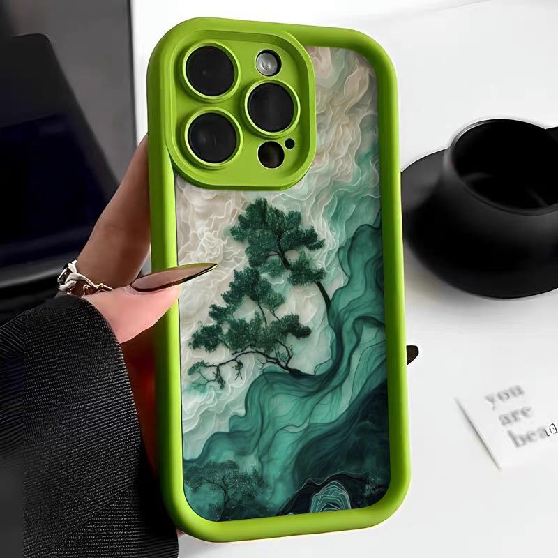 Chinese Style Cloud Mist Green Pine Phone Case For iPhone 16 Pro Max 15 14 13 12 11 XS MAX X XR 7 8 Plus MINI 16E Colorful Cover