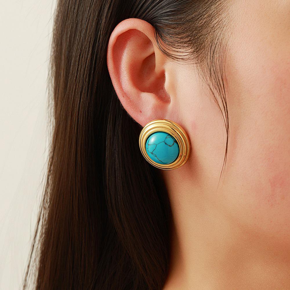 Ying Tai 18K Gold Vacuum Plated Stainless Steel Turquoise Texture Stud Earrings - Non-fading, High Polish Finish.