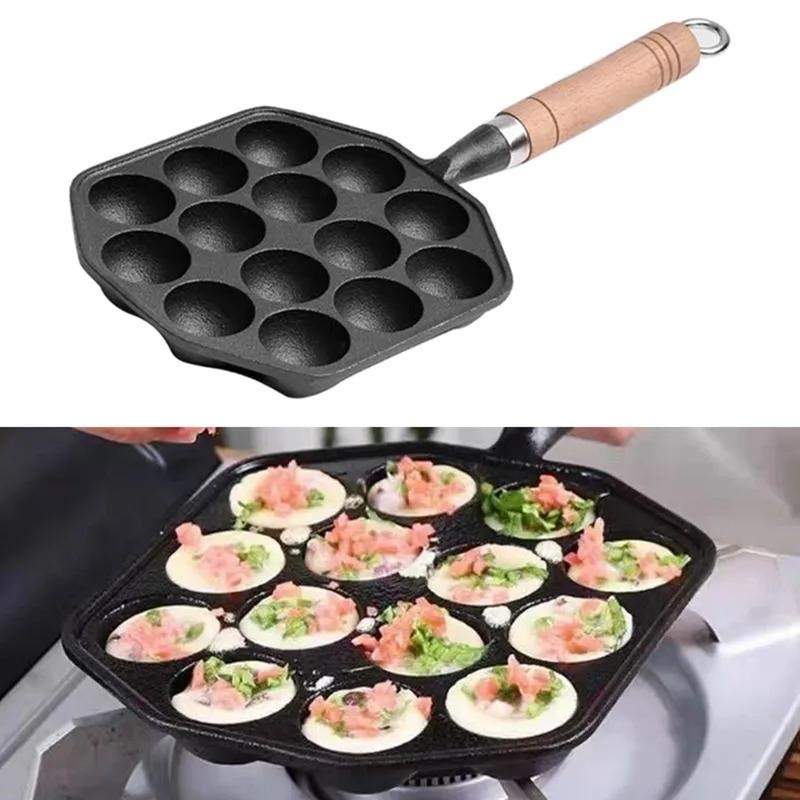 Oktopus-Fleischbällchen-Formhersteller Leicht zu reinigen 14 Löcher Takoyaki-Grillpfanne Gusseisen Verdickt Abnehmbarer Griff für die Küche