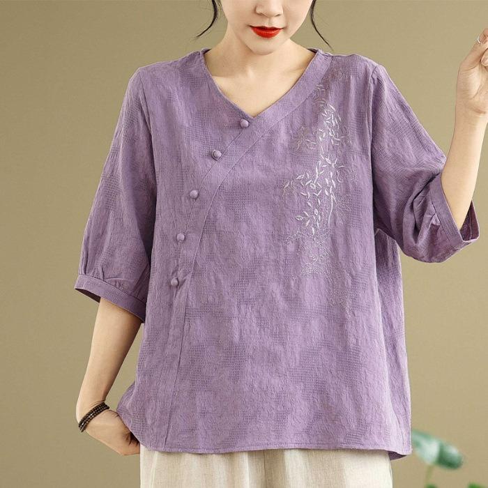 Chinese Style Cotton and Linen Short-sleeved T-shirt Women's Summer Half-sleeved Mid-sleeved National Style Top