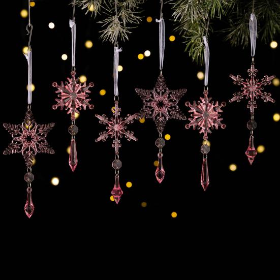 6 Pcs Acrylic Crystal Christmas Ornament Sparkling Clear Snowflake Hanging Ornaments with Drop Pendants for Winter Chandelier Xmas