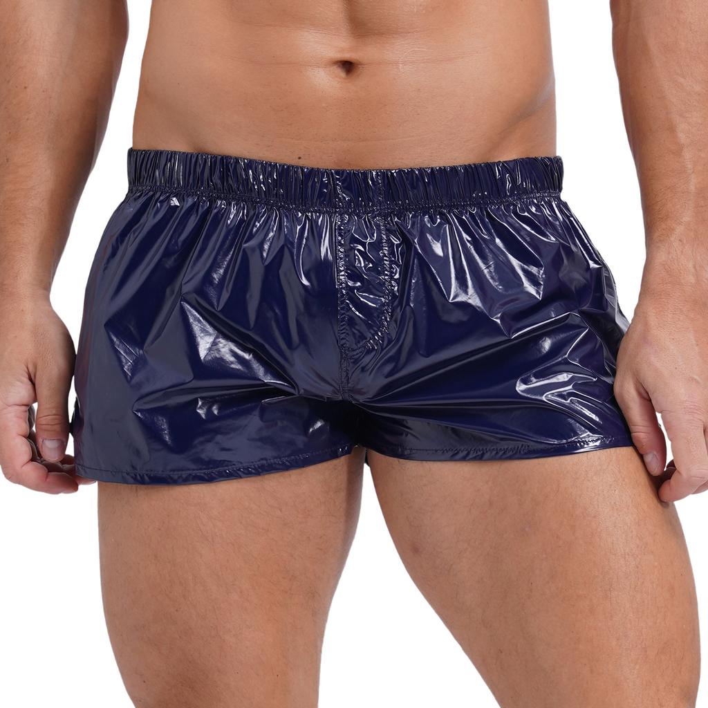 Pánské šortky s nízkým pasem, design s bočním rozparkem, jednobarevné, slim fit, lesklé trenýrky, plavky na plážovou párty u bazénu