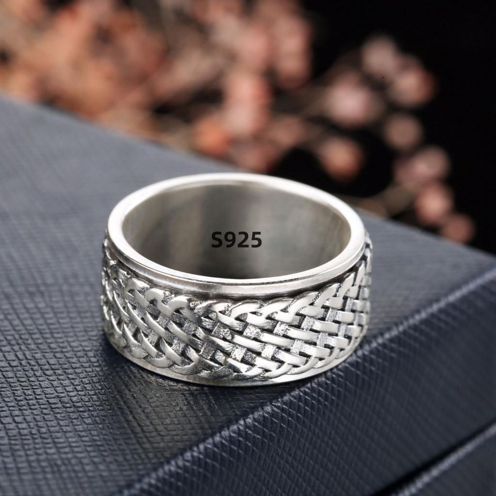 Simplicity Vintage S925 Silver Rings for Men Women Fashion Personality Rotatable Woven Pattern Jewelry Gift