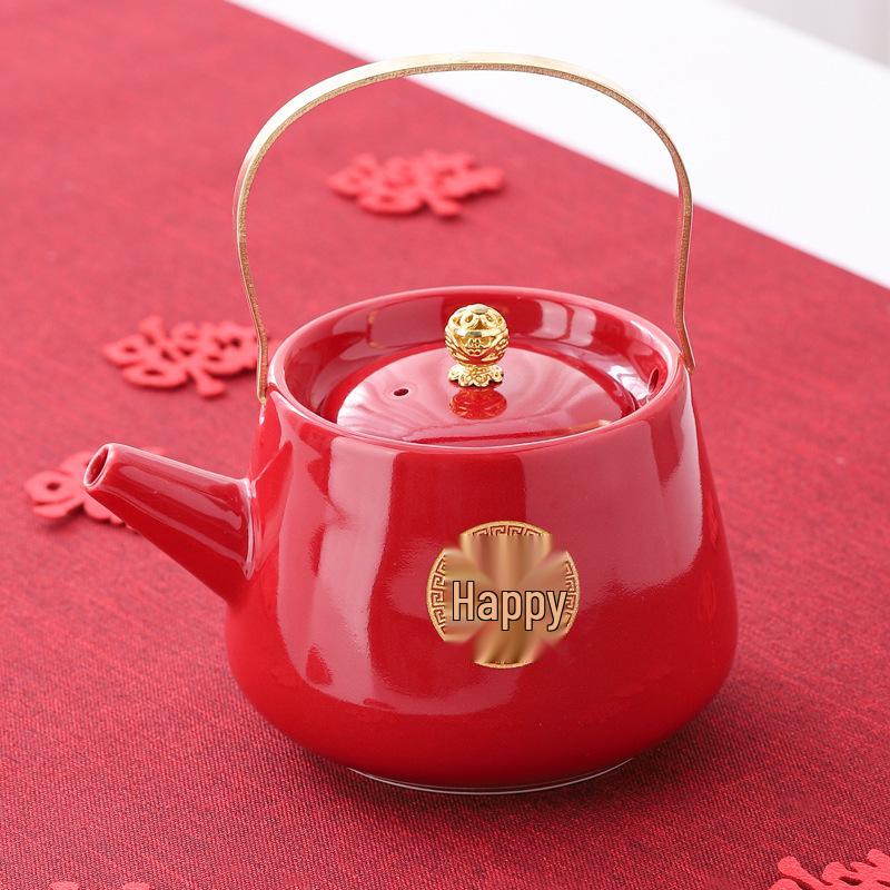Red Ceramic Wedding Teapot & Water Cup Set - Festive Large-Handled Pot for Banquet and Dowry