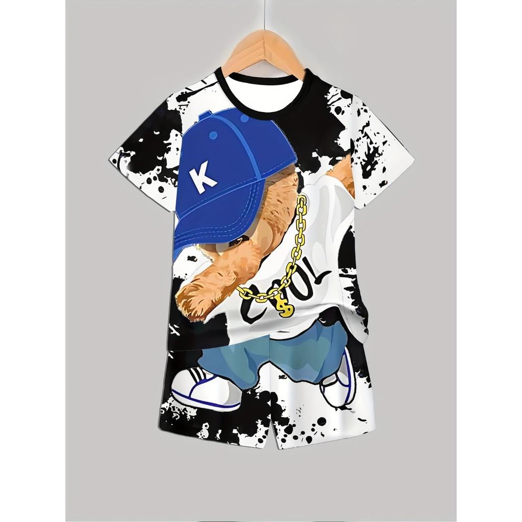 Boys Suit Fashion 3D Printed Casual Pullover Short Sleeve Shorts  Sweatshirt, BoysOutdoor T-Shirt shorts Set, Perfect Outdoor