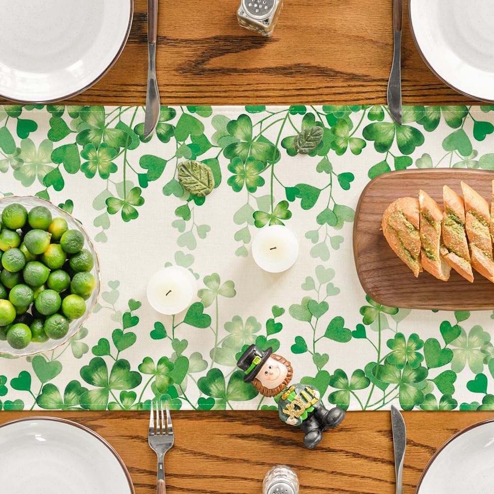 Artoid Mode Shamrock Love Heart 210 GSM St. Patrick's Day Table Runner, Seasonal Spring Kitchen Dining Table Decoration for Home Party Decor 13x72