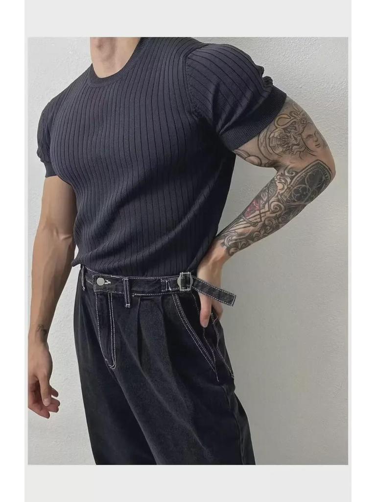 Men's Trendy Slim-Fit Summer Knit T-Shirt with Vertical Stripes