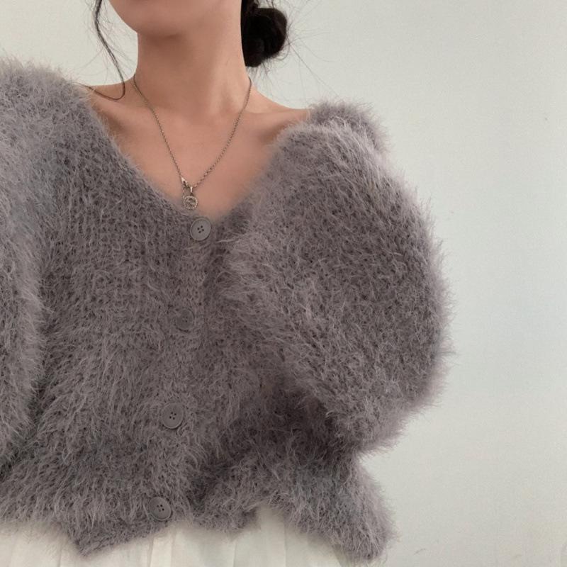 Korejský šik retro svetr kardigan s výstřihem do V z umělé norkové kožešiny - Dámské pletené zboží s dlouhým rukávem a volným střihem
