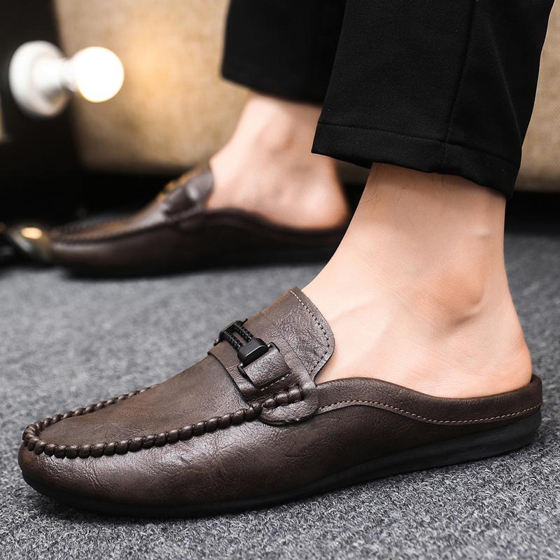 Leather Men Half Slippers Summer Breathable Mens Casual Shoes Slip On Lazy Driving Shoes Comfortable Walking Loafers Moccasins