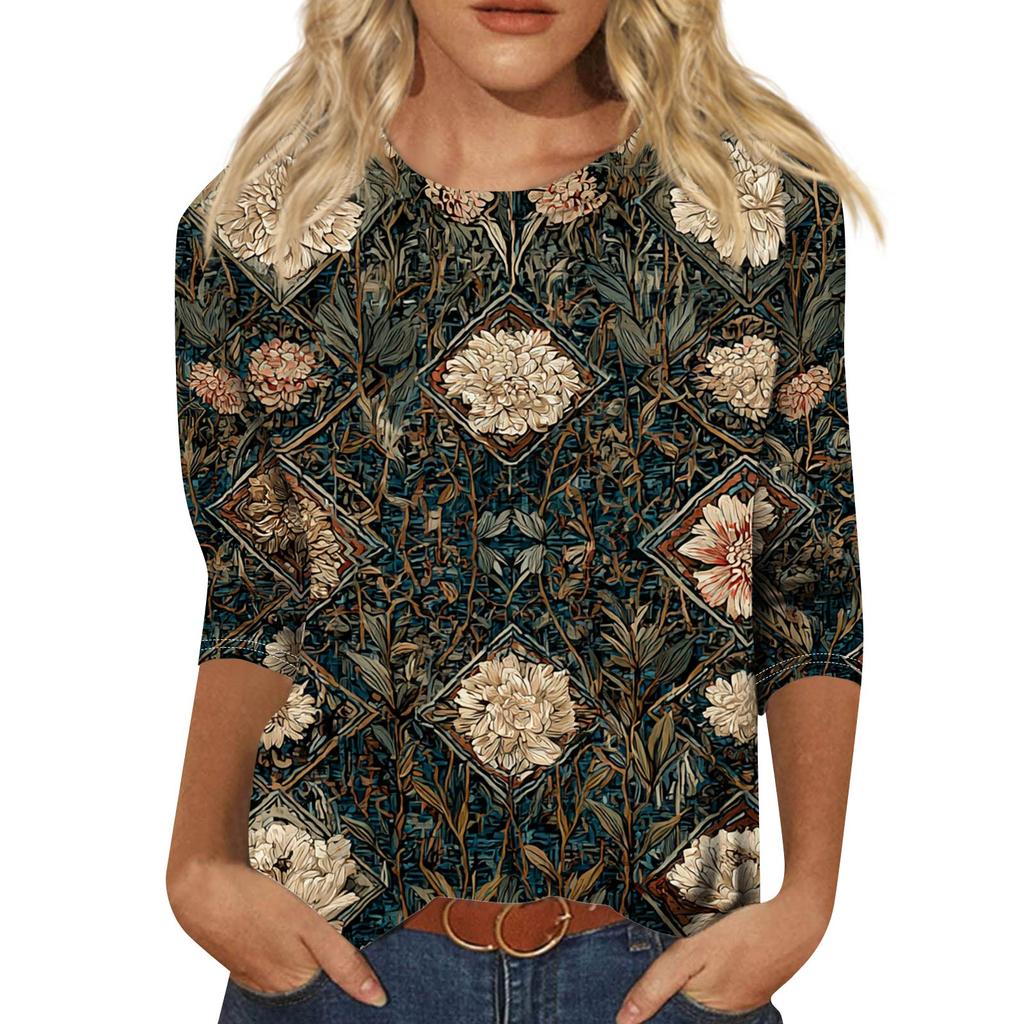 Trendy Vintage 3/4 Sleeve Top For Women ,Ladies Casual Three Quarter Sleeve Round Collar Printed T-Shirt Blouse