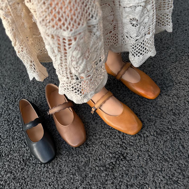 Johnature Genuine Leather Buckle Strap Women's Flats Shoes Retro Square Toe Soft Soles Solid Color Shoes