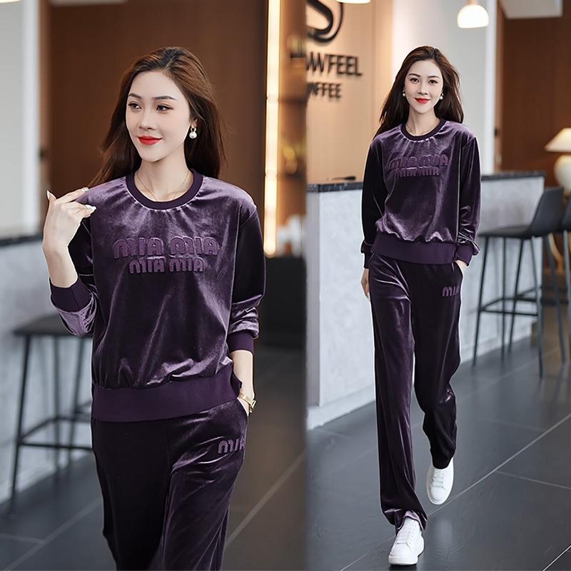 Gold Velvet Fashionable Middle-aged Mother's Wear Sports Suit for Women Spring and Autumn Long-sleeved Casual Two-piece Set