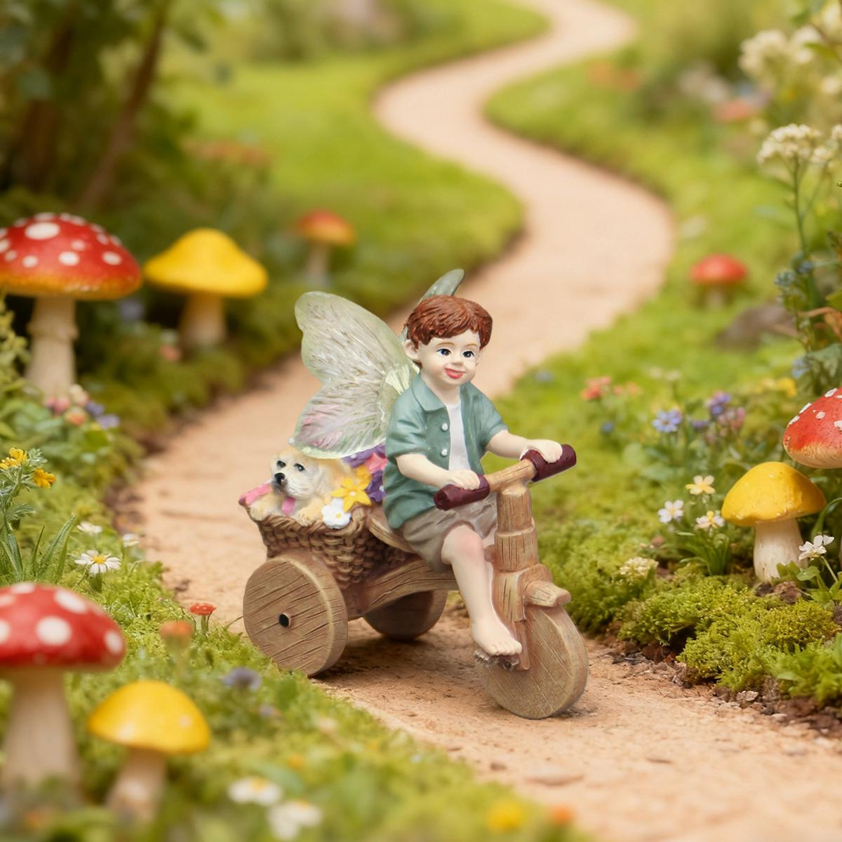 

1 piece of transparent winged fairy riding a bike carrying a puppy, creative garden bonsai fairy tale world decoration accessory