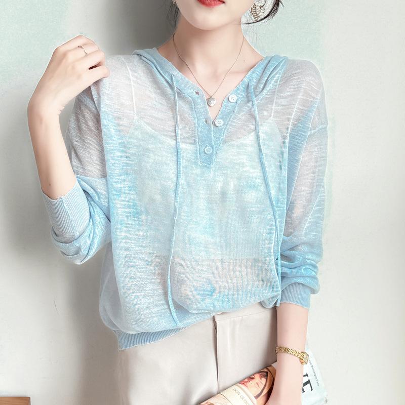 Nový letní lněný pletený svetr s kapucí s bambusovým žebrováním a jednobarevnou ležérní základní vrstvou