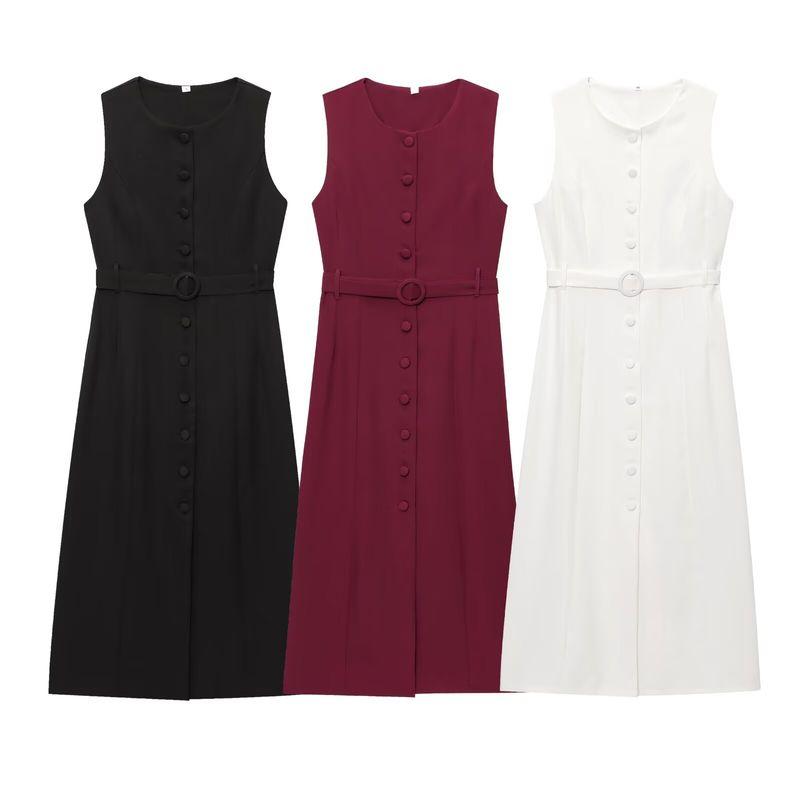 Kaslead New Women Clothes Western Style Fashion Simple Slim Fit Single Breasted Sleeveless Dress