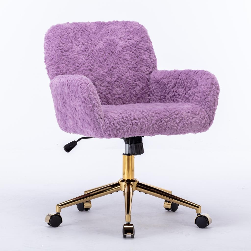 Fluffy Faux Rabbit Hair Vanity Chair, Violet Adjustable Height 360 Degrees Swivel Home Office Chair with Armrest, Golden Metal Rolling Base,DE1831VT