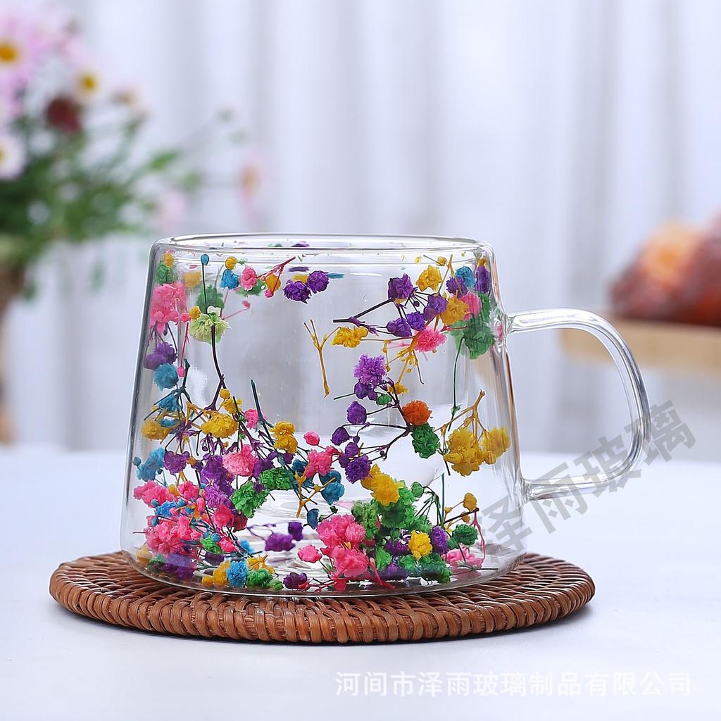 Double Wall Glass Cup with Dried Flower and Petal Design - Clear Tea Coffee Mug for Home Gift