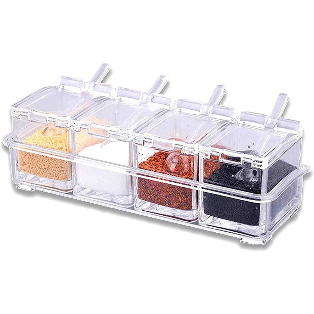 

Clear Seasoning Box Condiment Storage Container with Spoon Clear Seasoning Rack Spice Jars Kitchen Organizer for Pepper Spice