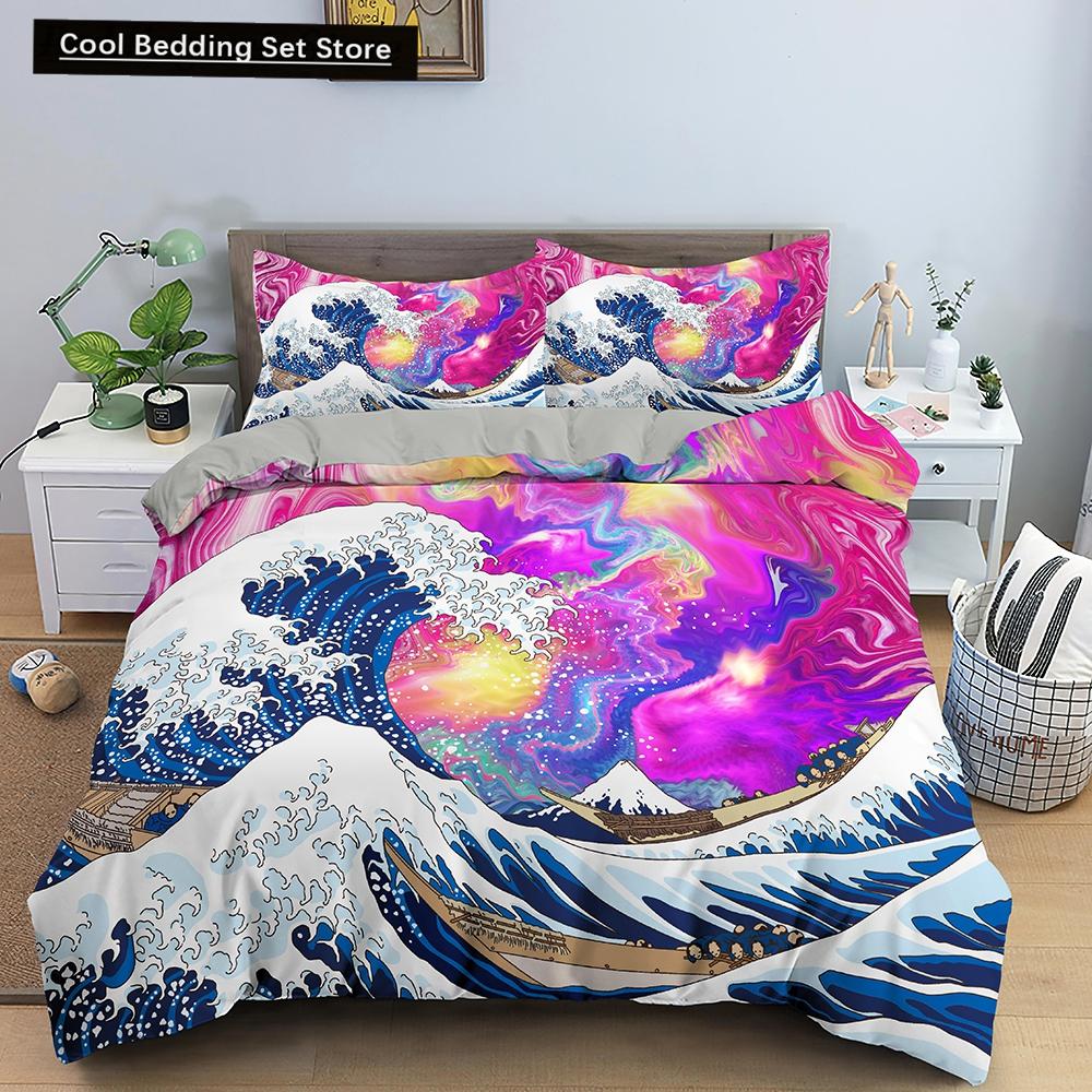 Ozeanwelle Bettwäscheset 3D Abstrakte Kunst Bettbezug King/Queen Größe mit Kissenbezug Aquarellstil 2/3-teilig Polyester Steppdeckenbezug