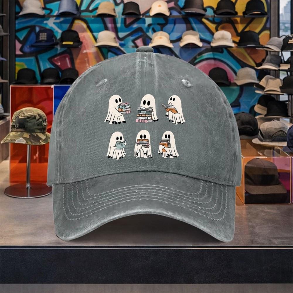 Ghost Reading Books Baseball Cap Washed Cotton Adjustable Hat Casual Vintage Outdoor Travel Headwear