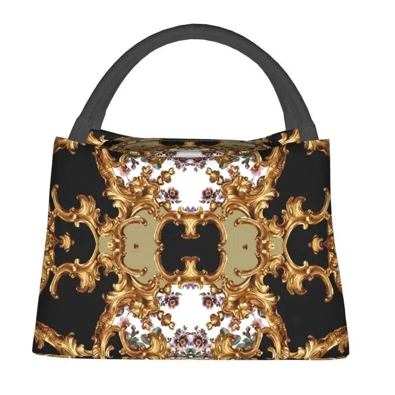 Gold Baroque Elegance Insulated Lunch Bag for Women Leakproof Geometric Patterns Cooler Thermal Lunch Box Beach Camping Travel