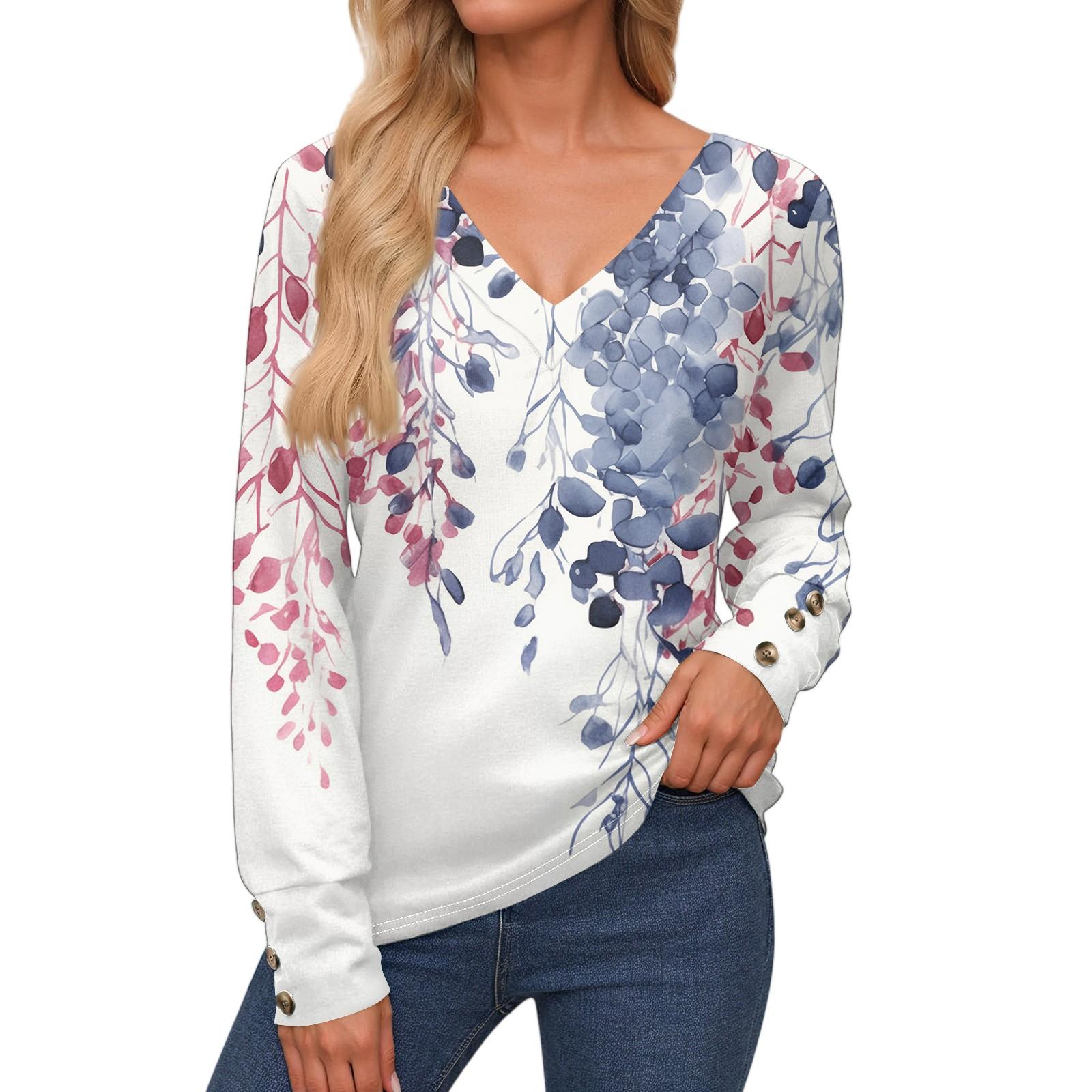 

Women s Tops Long Sleeve Cuffs Button-Up Shirt V-Neck Casual Loose Tee Floral Tops L тёмно-синий