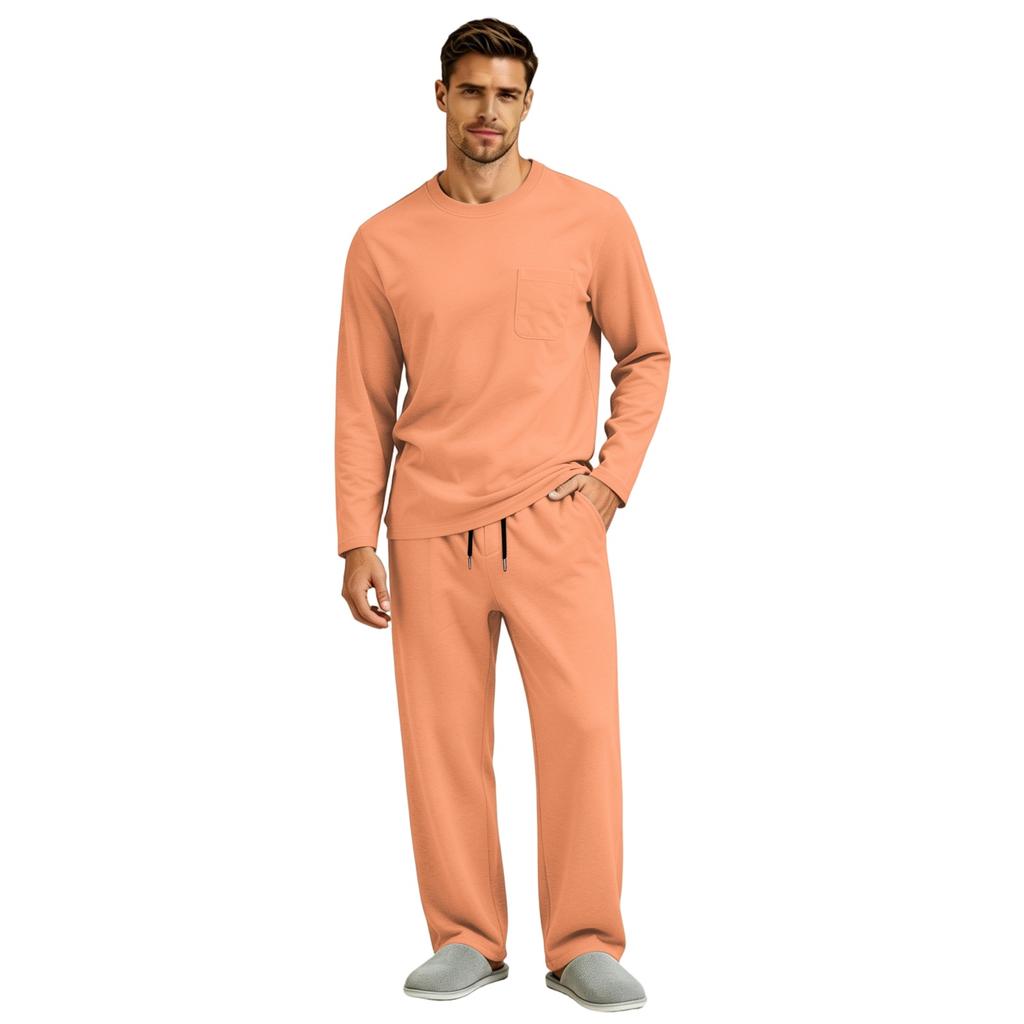 Men's Long Sleeve Pajama Set with Button Fly and Elastic Drawstring Waist for Sleep and