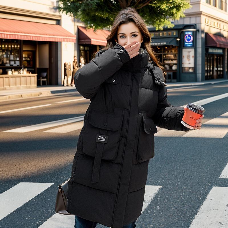 

Женская зимняя куртка 2024 года, зимняя женская однотонная длинная хлопковая куртка, женская парка с капюшоном и высоким воротником, пальто, стеганая куртка XXL