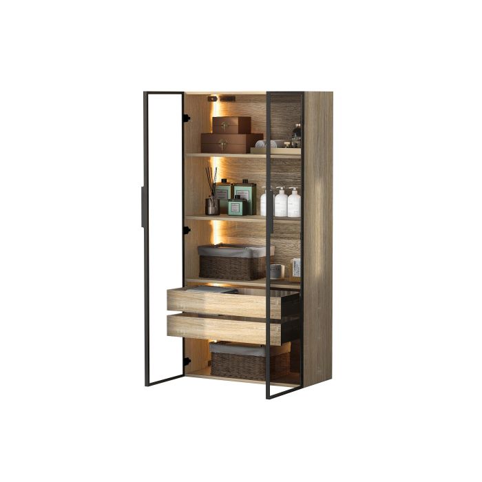 Armoire de salle de bains - MUVOE - Modèle moyen - Éclairage LED - 2 tiroirs - Verre dépoli