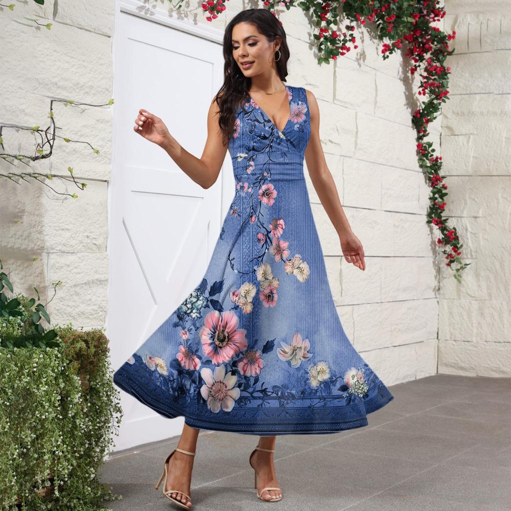 Women's Summer Fashion Retro Print V-Neck Sleeveless Long Dress