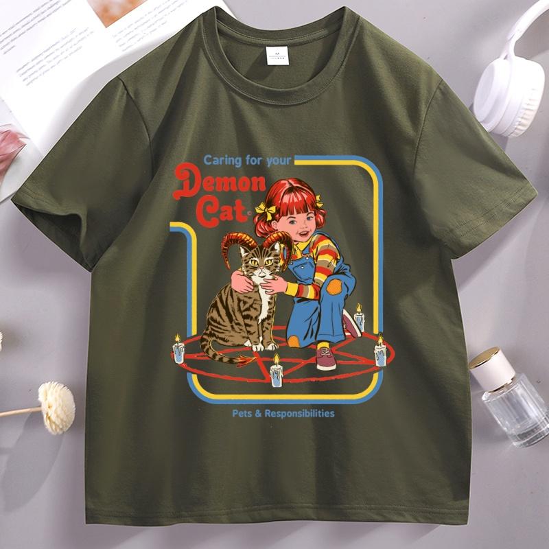 Caring for Your Demon Cat Print Tshirt Unisex Women Cotton Short Sleeve T Shirt Casual Round Neck High Quality Tshirt Streetwear