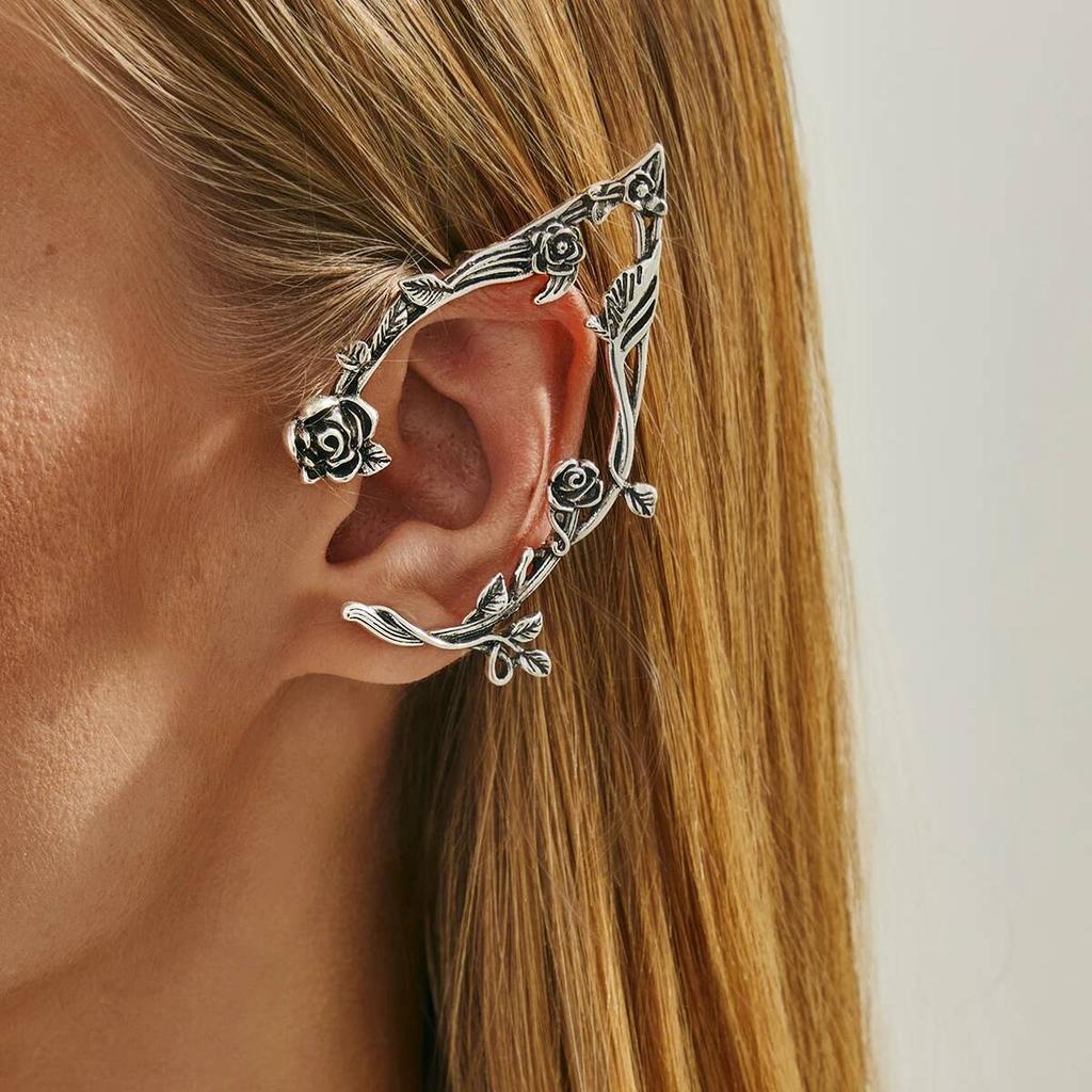 KunJoe 1 Pair Vintage Rose Flower Elf Ear Clip for Women Goth Fairy Ear Cuff Piercing Earrings Halloween Jewelry Ear Decoration