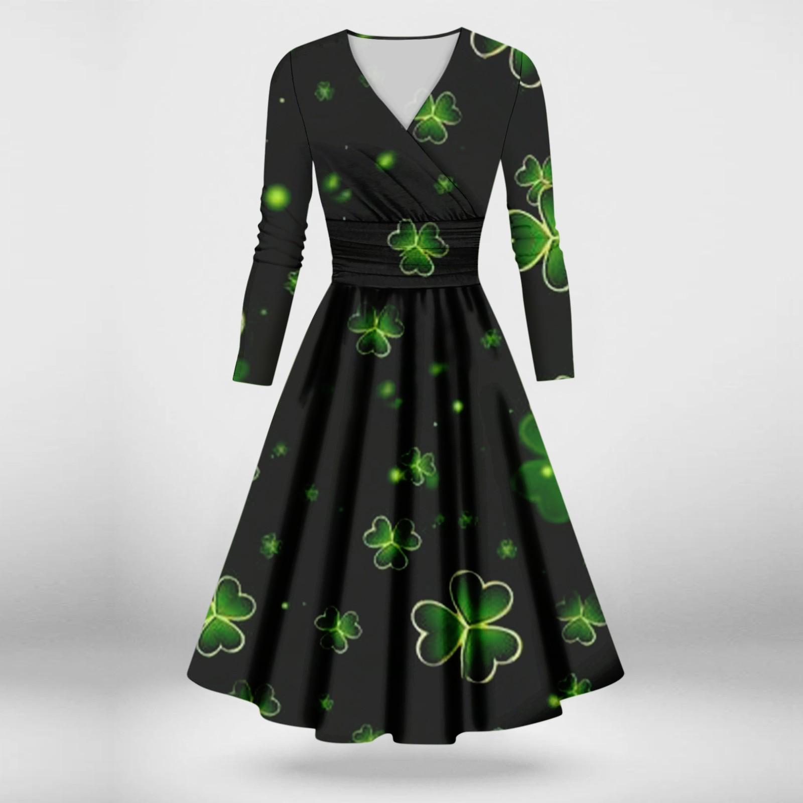 

Женская мода повседневная St. Сексуальное платье с принтом «День Патрика» с длинными рукавами и V-образным вырезом XL