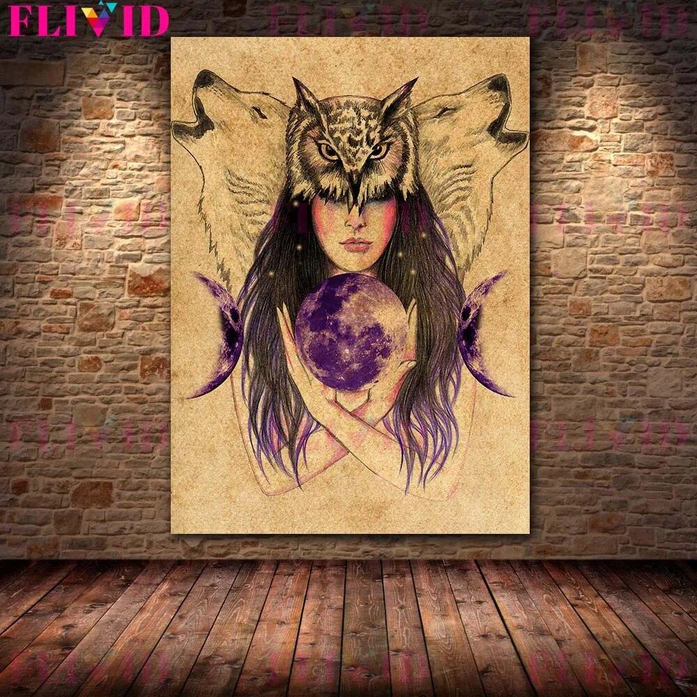 Wolf Woman And And Moon Wicca Vintage Wall Art Canvas Painting Daughters Of The Moon Art Poster And Print Home Decor No Frame