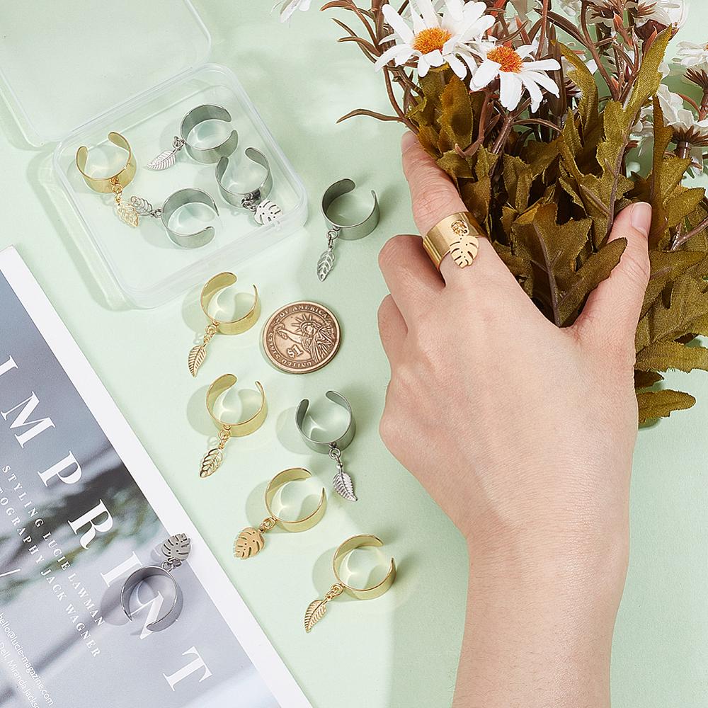 10Pcs 10 Style 304 Stainless Steel Open Cuff Rings Set, Stackable Rings with Charms, Leaf, Inner Diameter: 17~18mm, 1pc/style