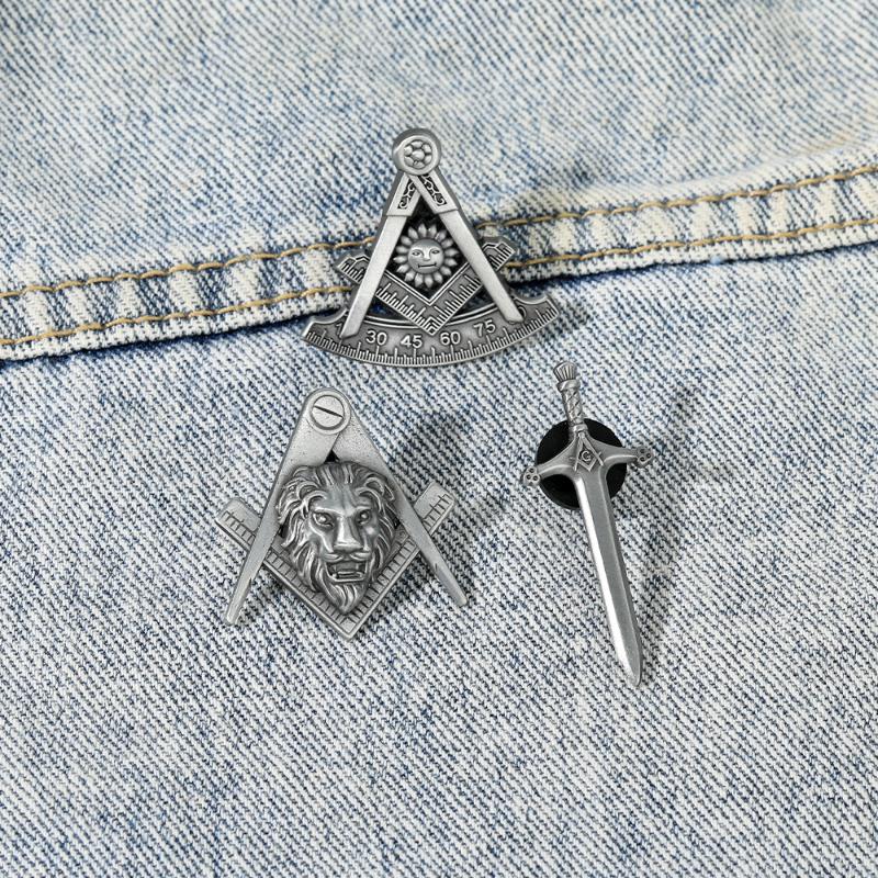 1 Peça Design de Cabeça de Leão Solar Emblema Maçônico Broches Insígnia Maçônica Emblema Maçônico Vintage Broches em Forma de Espada